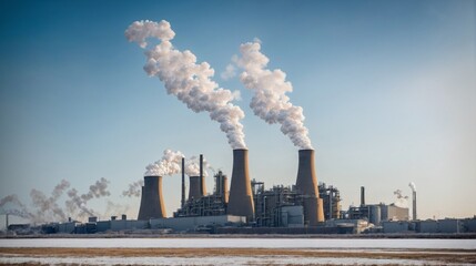 Industrial Emissions against a Frigid Sky: A stark landscape dominated by a sprawling industrial plant, its towering chimneys spewing plumes of white smoke into the crisp winter air, raising environme