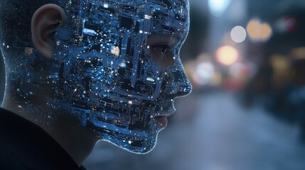Poster - AI circuitry integrated into a human head in a 3D digital transformation concept. Visual representation of artificial intelligence enhancing human capabilities.