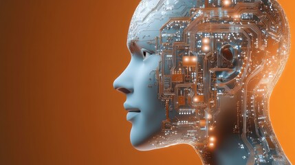 Poster - AI circuitry integrated into a human head in a 3D digital transformation concept. Visual representation of artificial intelligence enhancing human capabilities.