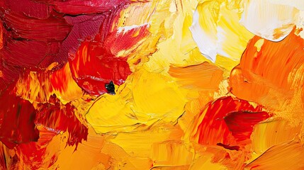 Poster - Bold abstract brushstrokes in bright red, yellow, and orange on a textured surface.