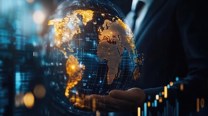 Poster - Business and economic growth on global business network, Data analysis of financial and banking, Customer service, Technology and data connection, Teamwork, Business strategy and Digital marketing.