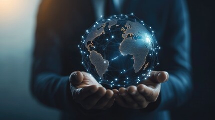 Poster - Businessman holding global network connection on social networking and customer data analytics, Business strategy and smart intelligence, digital marketing, Technology and global business.