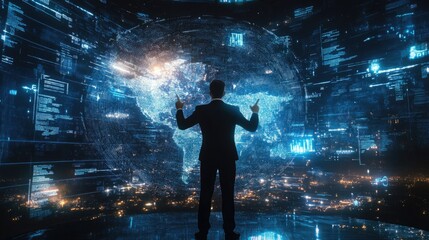 Poster - Businessman presenting futuristic business world metaverse graphic. In the form of innovation in digital business processing technology, innovation of the 21st century -