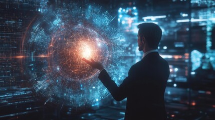 Poster - Businessman presenting futuristic business world metaverse graphic. In the form of innovation in digital business processing technology, innovation of the 21st century -