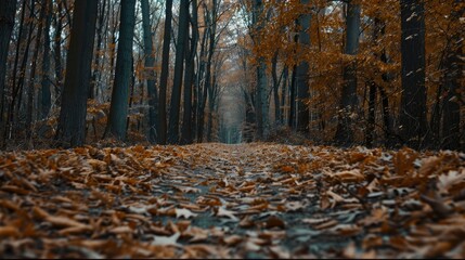 Wall Mural - A serene forest path with a carpet of fallen leaves.