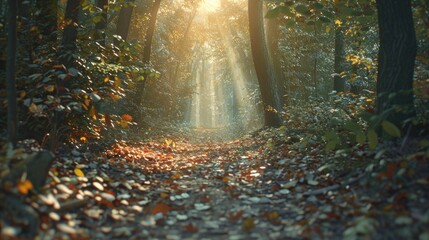 Sticker - A serene forest path with fallen leaves and sunlight filtering through.