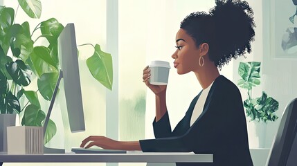 Poster - Businesswoman sitting at her desk, sipping coffee and working on her computer.