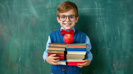 A charming, smiling schoolboy with glasses carrying colorful books and an apple stands in front of a green chalkboard.