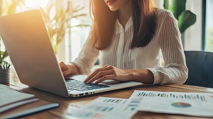 Poster - Businesswoman typing on a laptop with financial charts on the desk. -