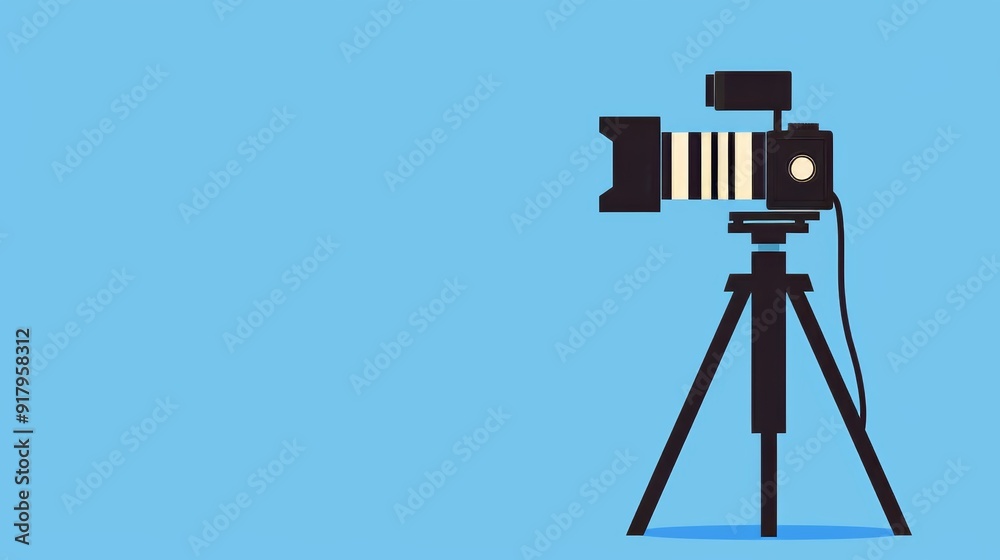 Minimalist video camera setup, mounted on a tripod, 2D vector art ...