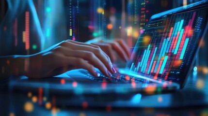 Poster - Businesswoman's hands typing on a laptop with colorful graphs and charts around.
