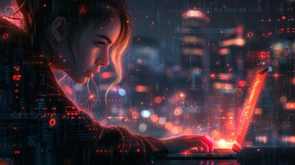 Wall Mural - Cyberpunk female hacker at work - generative ai