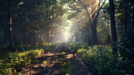 Wall Mural - A serene forest path with sunlight filtering through the trees.