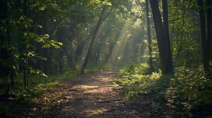 Wall Mural - A serene forest path with sunlight streaming through the leaves.