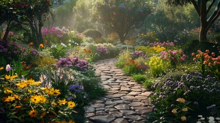 Wall Mural - A serene garden with a variety of colorful flowers and a stone pathway.