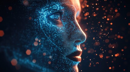 Poster - Digital transformation concept: Human face integrated with AI artificial intelligence in a 3D illustration. Visualizing the future of human-tech symbiosis. -