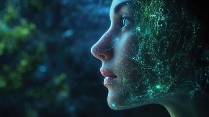 Poster - Digital transformation concept: Human face integrated with AI artificial intelligence in a 3D illustration. Visualizing the future of human-tech symbiosis. -