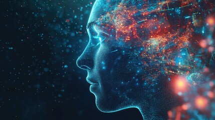 Poster - Digital transformation concept: Human face integrated with AI artificial intelligence in a 3D illustration. Visualizing the future of human-tech symbiosis. -