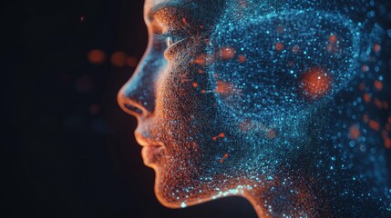 Poster - Digital transformation concept: Human face integrated with AI artificial intelligence in a 3D illustration. Visualizing the future of human-tech symbiosis. -
