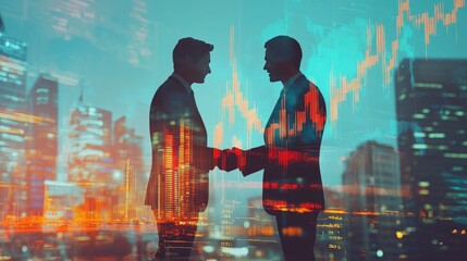 Poster - Double exposure of financial chart on cityscape background with two businessmen handshake. Concept of financial analysis and investment opportunities