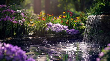 Wall Mural - A serene garden with blooming flowers and a trickling fountain.