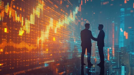Poster - Double exposure of financial chart on cityscape background with two businessmen handshake. Concept of financial analysis and investment opportunities