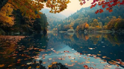 Poster - A serene lake surrounded by autumn foliage, reflecting the colorful leaves.