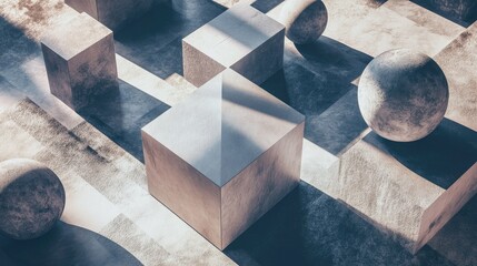 Poster - Floating 3D geometric shapes casting shadows on a textured surface.