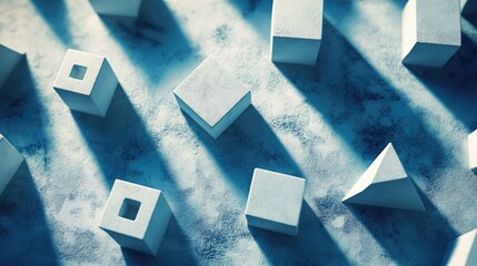 Poster - Floating 3D geometric shapes casting shadows on a textured surface.