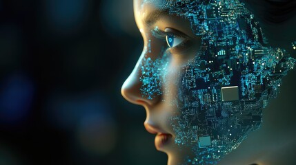 Poster - Futuristic 3D illustration of a human face with embedded AI circuitry. Concept of digital transformation and artificial intelligence shaping human identity.