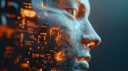 Poster - Futuristic 3D illustration of a human face with embedded AI circuitry. Concept of digital transformation and artificial intelligence shaping human identity.