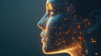 Poster - Futuristic 3D illustration of a human face with embedded AI circuitry. Concept of digital transformation and artificial intelligence shaping human identity.