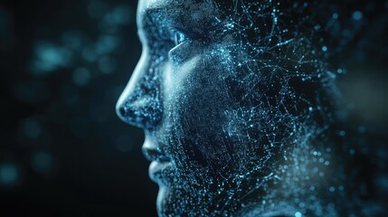 Poster - Human face with integrated AI technology in a 3D digital transformation render. Concept of artificial intelligence becoming part of human consciousness.