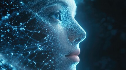 Poster - Human face with integrated AI technology in a 3D digital transformation render. Concept of artificial intelligence becoming part of human consciousness.