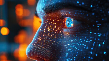 Poster - Human face with integrated AI technology in a 3D digital transformation render. Concept of artificial intelligence becoming part of human consciousness.