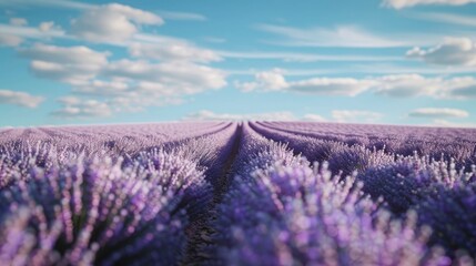 Wall Mural - A serene lavender field with rows of blooming lavender and blue skies.