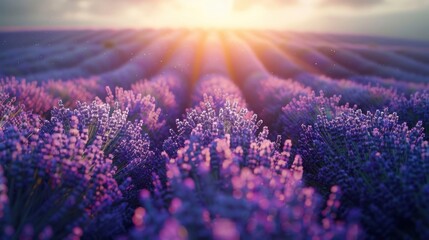 Sticker - A serene lavender field with rows of purple flowers and sunshine.