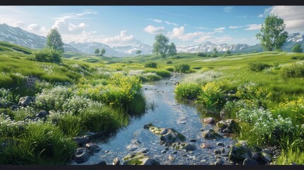 Poster - A serene meadow with a winding stream under a clear blue sky.