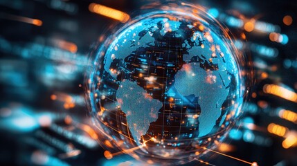 Poster - Rotating 3D globe with data points, representing international business expansion.