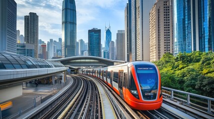 sky trains and mass transportation station with modern building in city background -