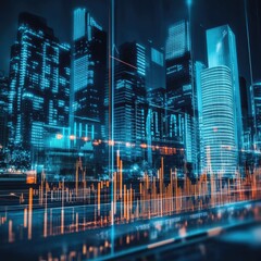 Poster - Stock market business concept. Financial graphs and digital indicators with modernistic urban area and skyscrapers as background. Double Exposure.