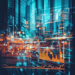 Poster - Stock market business concept. Financial graphs and digital indicators with modernistic urban area and skyscrapers as background. Double Exposure.