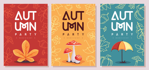 Set of retro flat autumn party posters with autumn floral attributes. Seasonal sale poster. Vector illustration