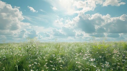 Sticker - A serene meadow with tall grass and wildflowers under a bright sky.