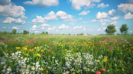 Wall Mural - A serene meadow with wildflowers and a clear blue sky.