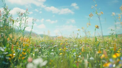 Wall Mural - A serene meadow with wildflowers and a clear blue sky.