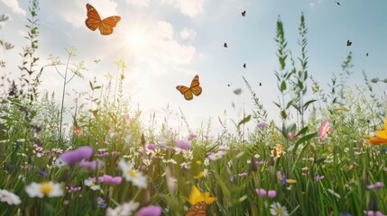 Wall Mural - A serene meadow with wildflowers and butterflies under a clear sky.