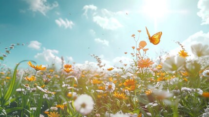 Wall Mural - A serene meadow with wildflowers and butterflies under a clear sky.