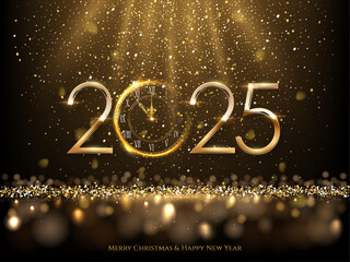 Wall Mural - 2025 Happy New Year greeting card vector background. 2025 gold numbers with clock countdown, falling confetti and glow light effects. Luxury festive sparkle holiday postcard, invitation, banner.