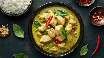 Wall Mural - Top view of a dish of green curry with chicken, served with jasmine rice.